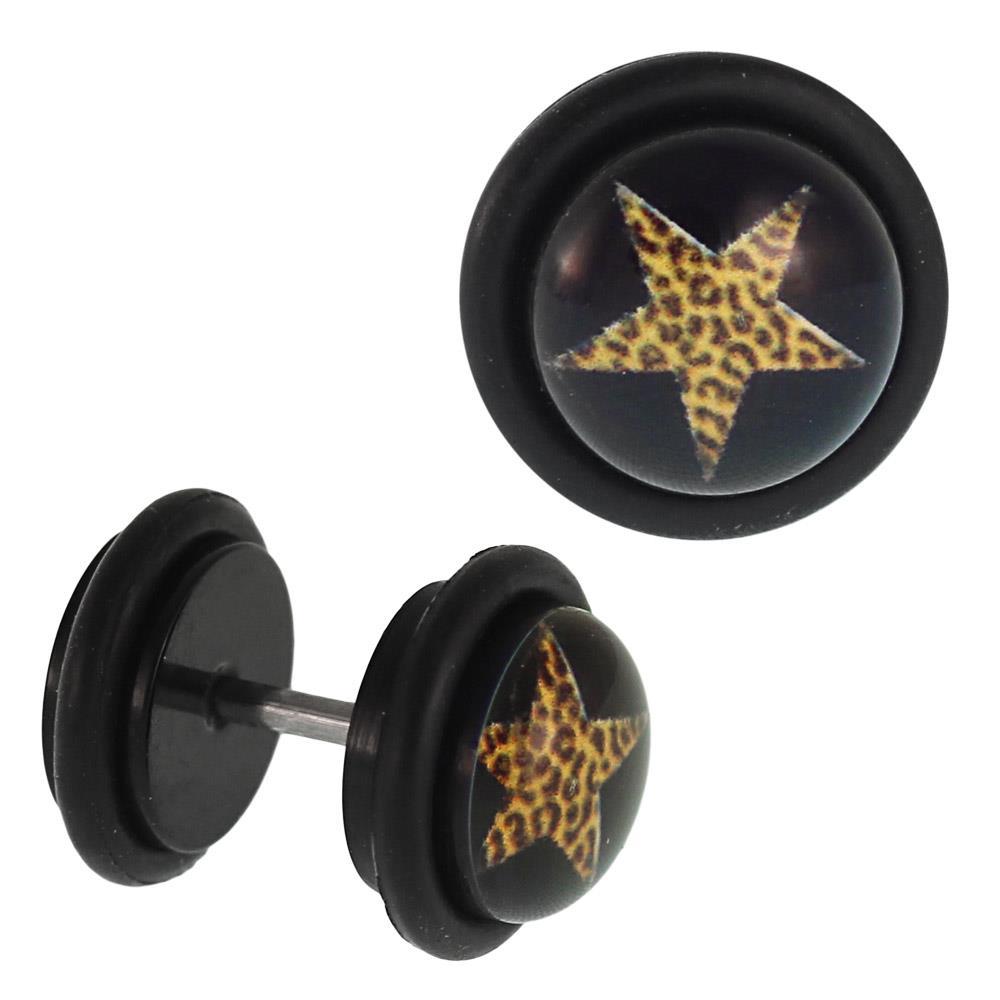 Fake Piercing Plug Stern gelb Leoparden Fell Muster schwarz Gummiring 7 mm