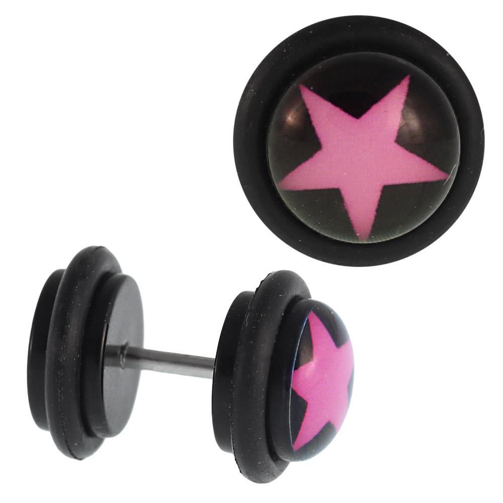 Fake Piercing Plug Stern rosa schwarz Gummiring 7 mm