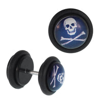 Load image into Gallery viewer, Fake Piercing Plug Totenkopf weiß Knochen überkreuzt Gummiring 7 mm
