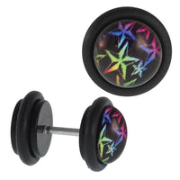 Load image into Gallery viewer, Fake Piercing Plug schwarz Sterne grün, lila, rot, gelb ,blau Gummiring 7 mm
