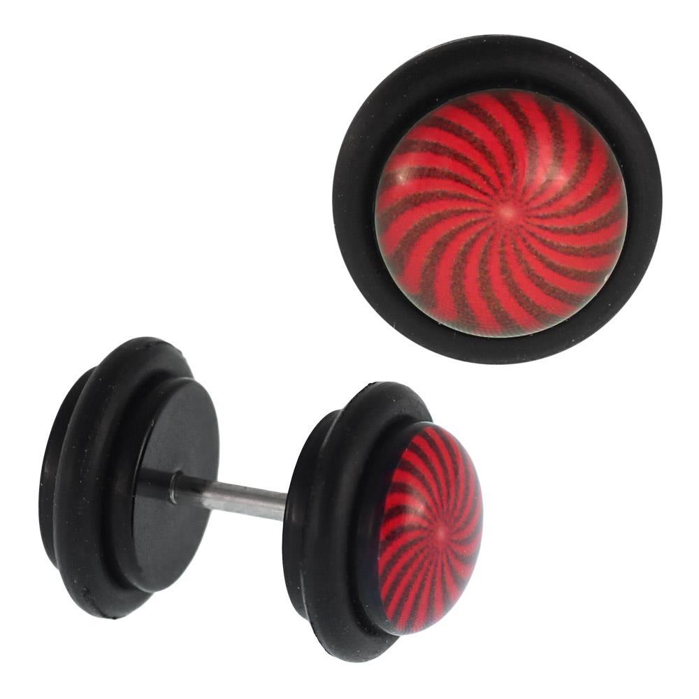 Fake Piercing Plug schwarz Spirale rot grau Gummiring 7 mm