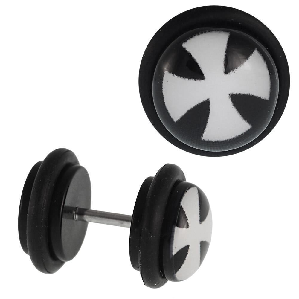 Fake Piercing Plug schwarz + Zeichen weiß halbrunde Enden Gummiring 7 mm