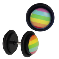 Load image into Gallery viewer, Fake Piercing Plug schwarz Streifen bunt Gummiring 7 mm
