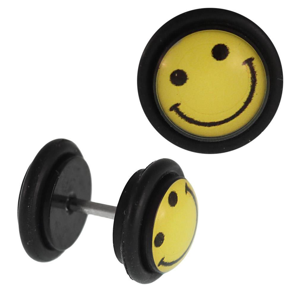 Fake Piercing Plug schwarz Gesicht Smiley lachend gelb Gummiring 7 mm