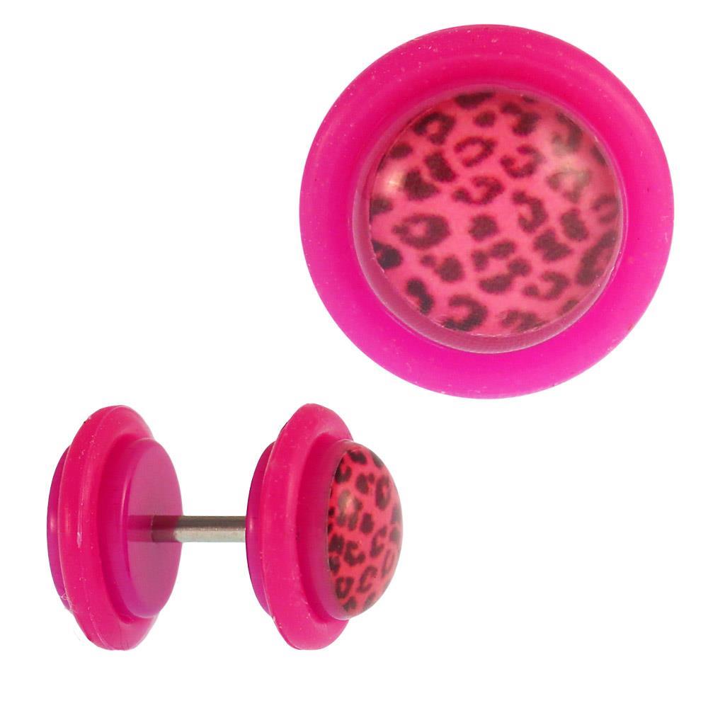 Fake Piercing Plug pink Leoparden Fell schwarz Pink Gummiring 7 mm