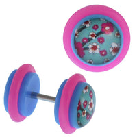 Load image into Gallery viewer, Fake Piercing Plug blau Blumenwiese Gummiring rosa 7 mm
