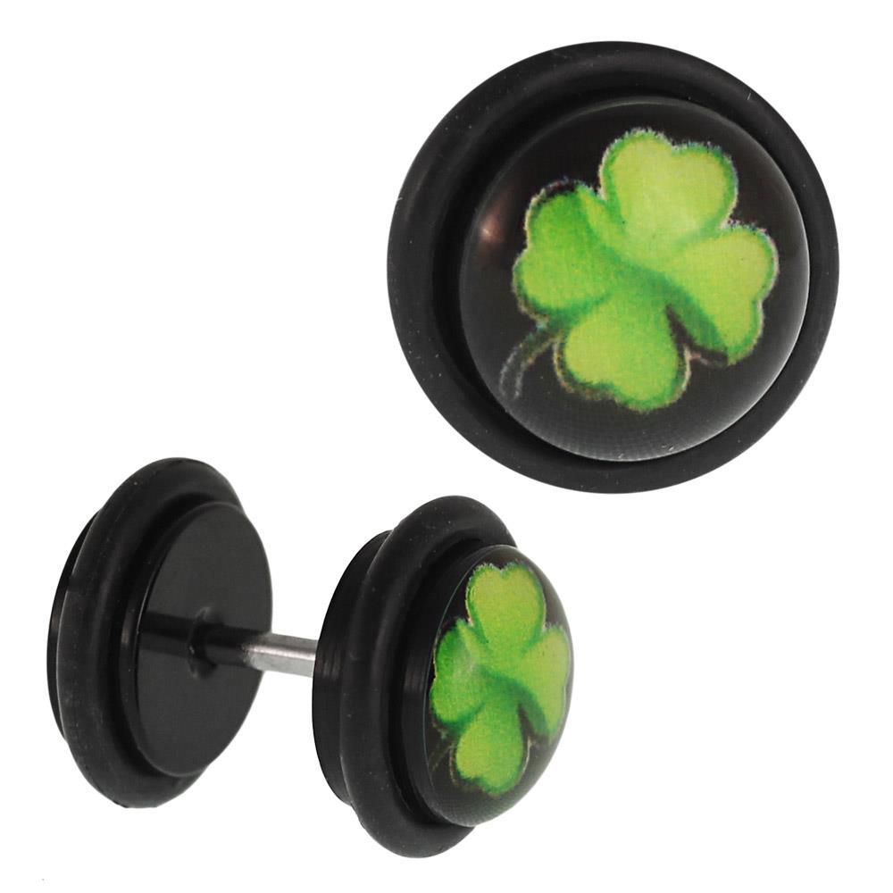 Fake Piercing Plug schwarz Glücksklee Vier Blättrig grün Gummiring 7 mm