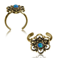 Cargar imagen en el visor de la galería, Messing Zehenring Opal blau Blume golden antik verstellbar nickelfrei
