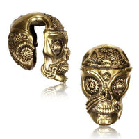 Load image into Gallery viewer, Lobe Piercing Messing antik gold Steam Punk Skull 12mm Plug Ohr Mayan Hook 4mm
