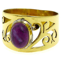 Load image into Gallery viewer, Messing Ringe Amethyst lila rund Spiralen breit antik golden nickelfrei Tribal
