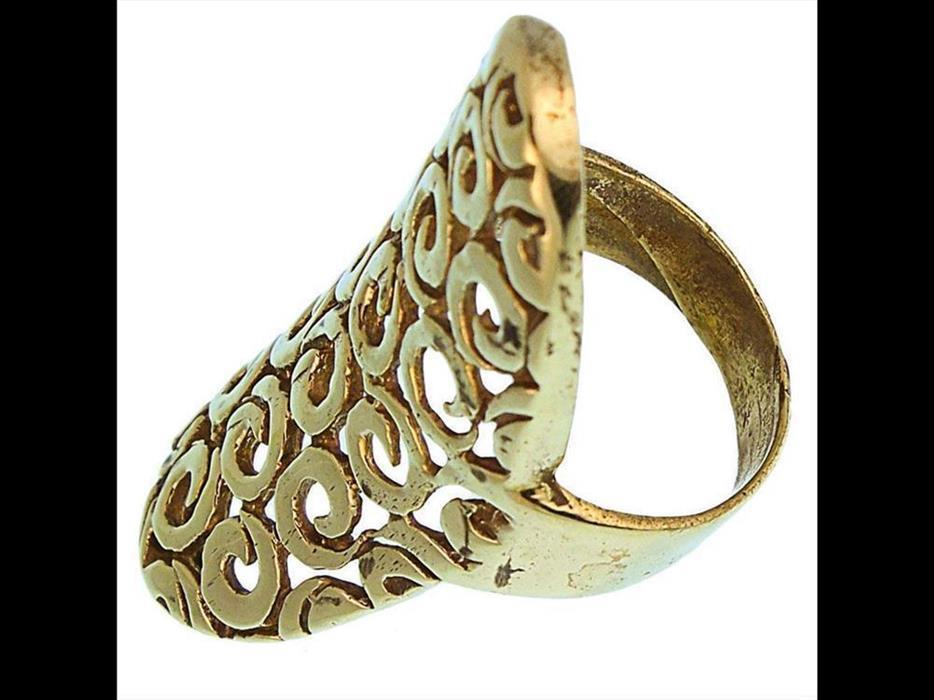 Messing Ringe oval gebogen 4 cm Spiralen Kreise Brass antik golden nickelfrei Tribal Schmuck
