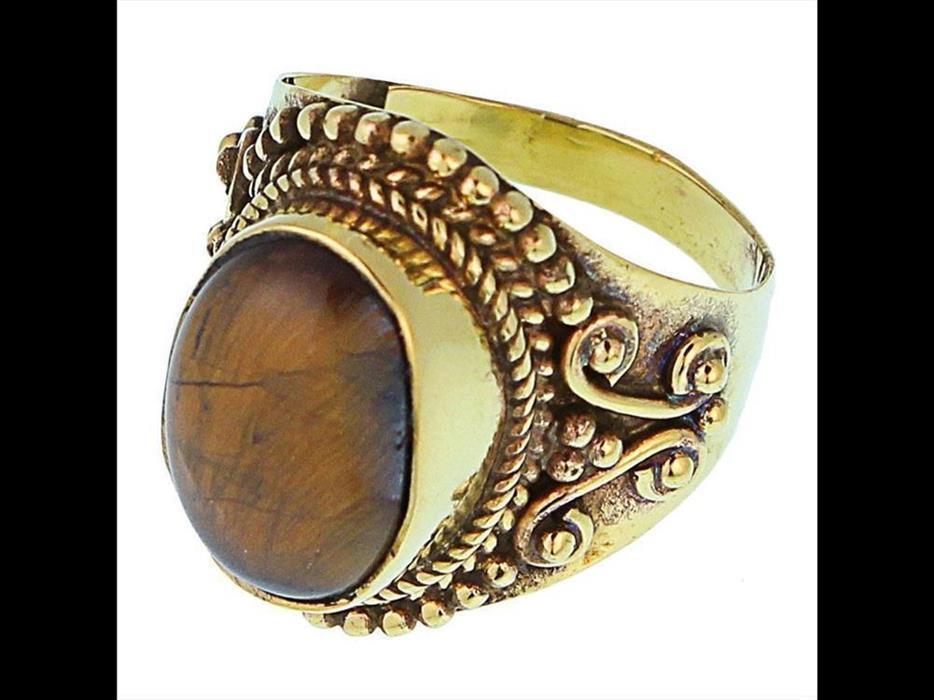 Messing Ringe Tigerauge oval Seil Spiralbögen breit antik golden oxidiert nickelfrei Tribal Schmuck