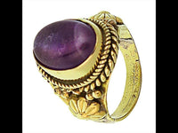Load image into Gallery viewer, Messing Ringe Amethyst oval Seile Blumen breit antik golden oxidiert nickelfrei Tribal Schmuck
