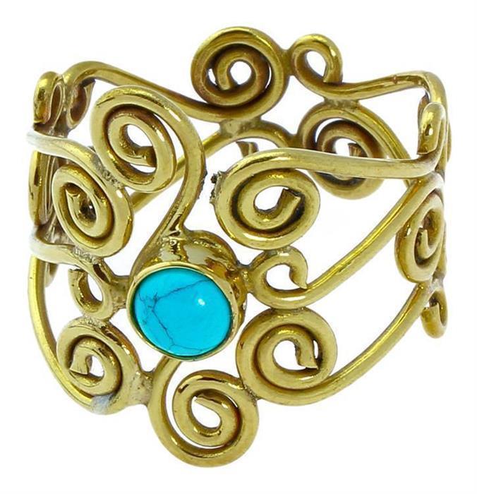 Messing Ringe breit türkis Stein Spirale verschnörkelt antik golden nickelfrei Tribal Steinringe