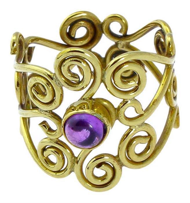 Messing Ringe breit lila Stein Spirale verschnörkelt antik golden nickelfrei Tribal Steinringe