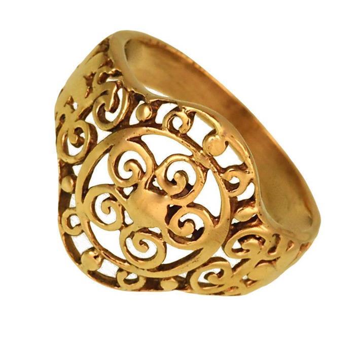 Messing Tribal Ring golden Blumen Schnörkel Mandala Muster glatt geschliffen antik