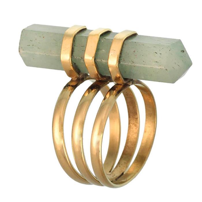 Messing Ring golden Edelstein Jade grün Stiftform glatt geschliffen antik