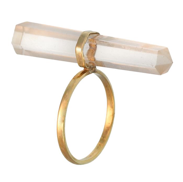 Messing Ring golden Edelstein Bergkristall durchsichtig Stiftform glatt geschliffen