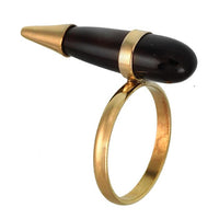 Load image into Gallery viewer, Messing Ring golden Edelstein Onyx schwarz Tropfenform glatt geschliffen antik
