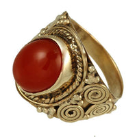 Load image into Gallery viewer, Messing Ring Karneol oval orange Spiralen Seil Muster rot antikTribal
