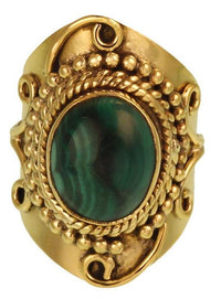 Load image into Gallery viewer, Messing Ring Malachit glatt oval grün Punkte Seil Muster nickelfrei antik Tribal
