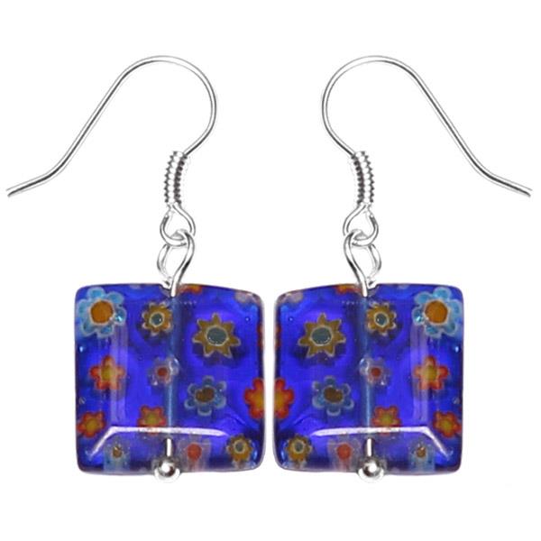 Muranoglas Glas Ohrringe 14 mm Quadrat blau Muster Blumen bunt 925er Silber