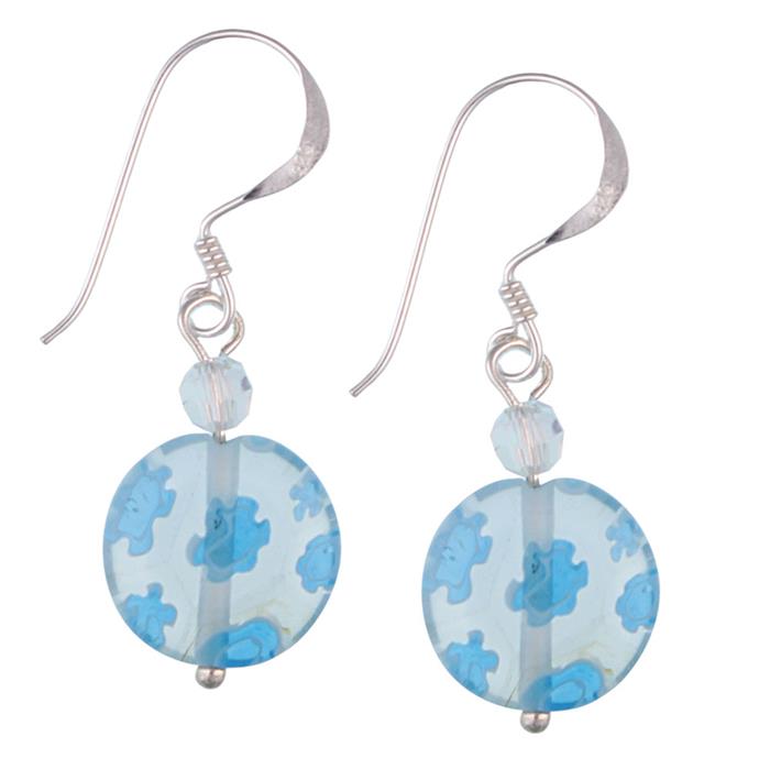 Muranoglas Silber Ohrringe transparent blau 10 mm Scheibe rund Blumen Glas 925er Sterling