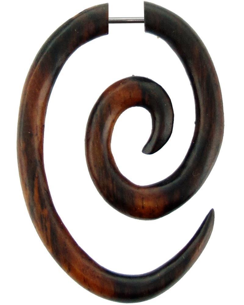 Tribal ovale Spirale gemasert Fake Piercing Sono Holz braun Ohrstecker Ohrring Edelstahl 1 mm