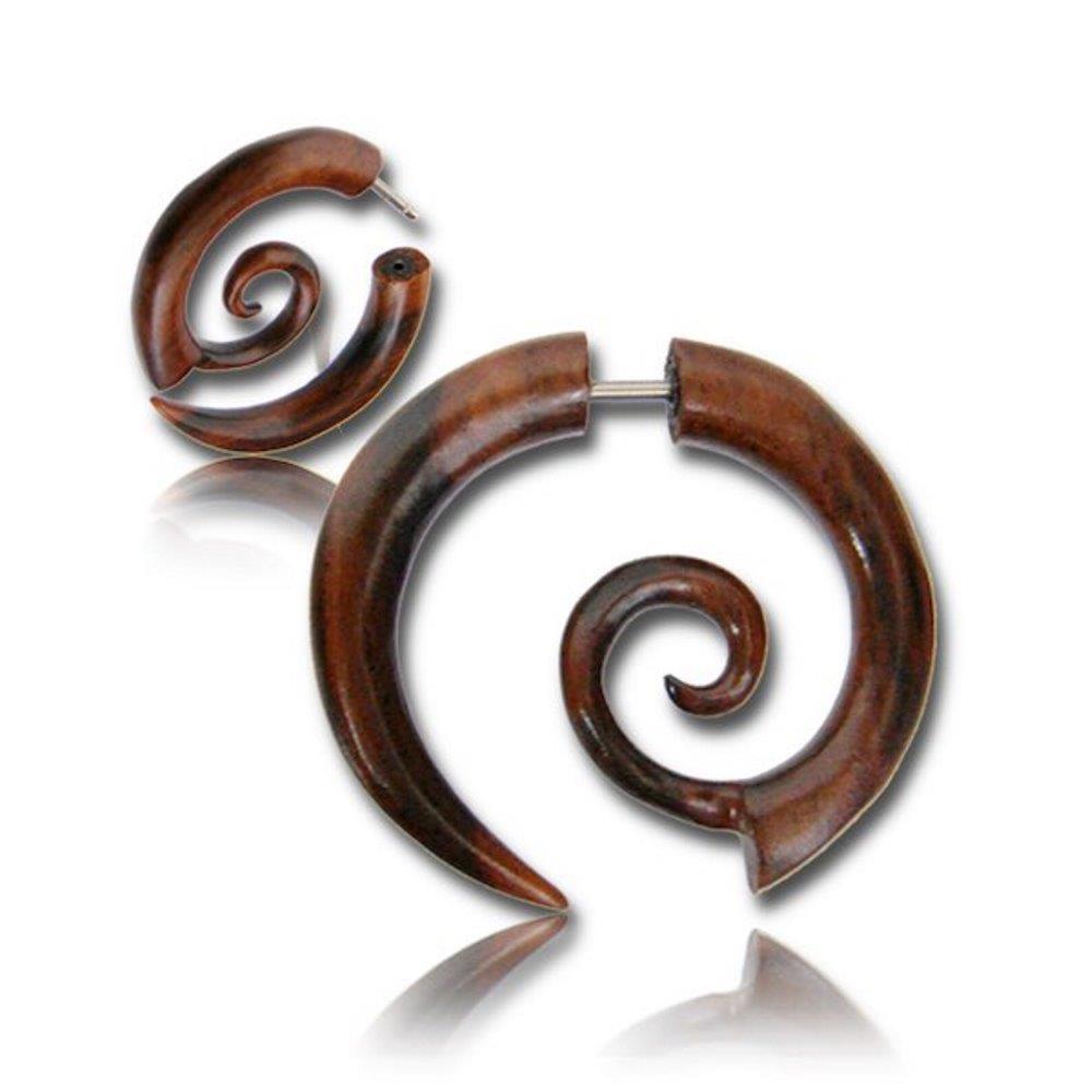 Fake Holz Piercing Tribal Spirale dick dünn Narra Wood nickelfrei Edelstahl Ohrstecker Organic