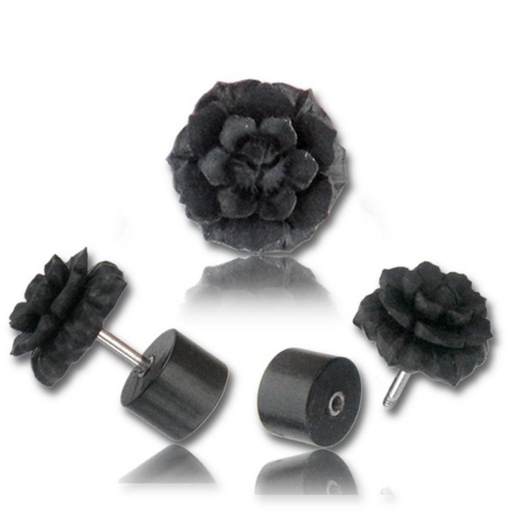 Fake Plug Piercing Arang Holz schwarz Blume vierreihig geschnitzt Edelstahl Ohrstecker 1 mm