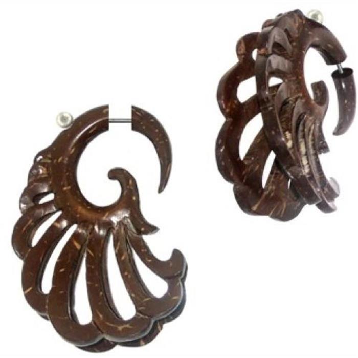 Tribal Fake Schwanen Spirale 3D Kokosnuss Holz braun Piercing Ohrstecker Ohrring Edelstahl 1 mm