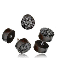 Cargar imagen en el visor de la galería, Fake Holz Plug Tamarinde Bone Inlay Blume des Lebens Edelstahl Organic Tribal

