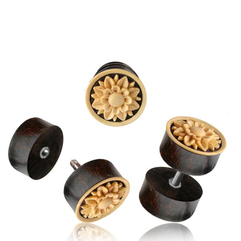 Fake Holz Plug Tamarinde Kokosschale Blume geschnitzt hell Edelstahl Organic Tribal