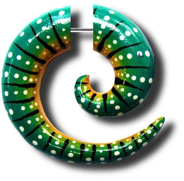 Fake Spirale Punkte Streifen grün gelb Piercing Holz handbemalt Plug Ohrstecker Expander Edelstahl