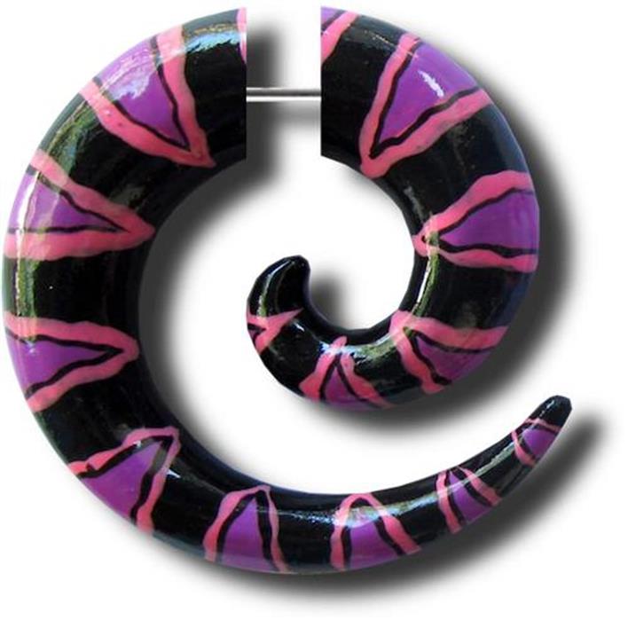 Fake Spirale Zacken lila pink schwarz Piercing Holz handbemalt Plug Ohrstecker Expander Edelstahl
