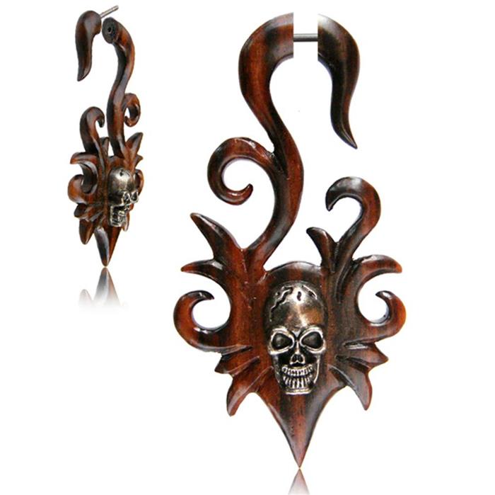 Fake Holz Piercing Narra Wood Steel Inlay Totenkopf spiralig Edelstahl Ohrstecker Organic Tribal