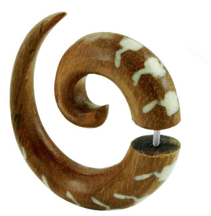 Tribal Fake Piercing Spirale Muster braun weiß Holz Unisex Bone Inlay Sonoholz Edelstahl Organic
