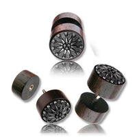 Load image into Gallery viewer, Fake Holz Piercing Narraholz Edelweiß Metall Inlay Edelstahl Ohrstecker Organic Tribal
