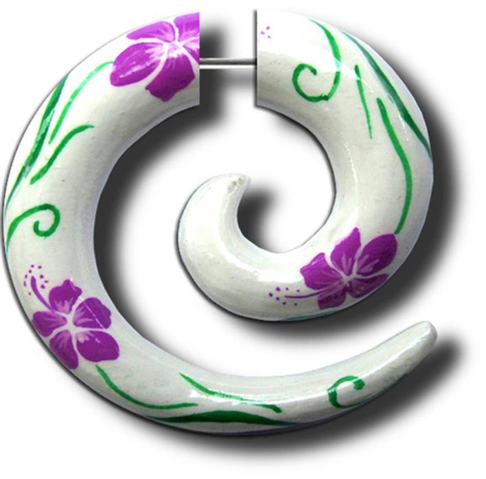 Fake Piercing Spirale Holz handbemalt weiß lila Hawaii Blumen 8mm Plug Edelstahl Expander Ohrstecker
