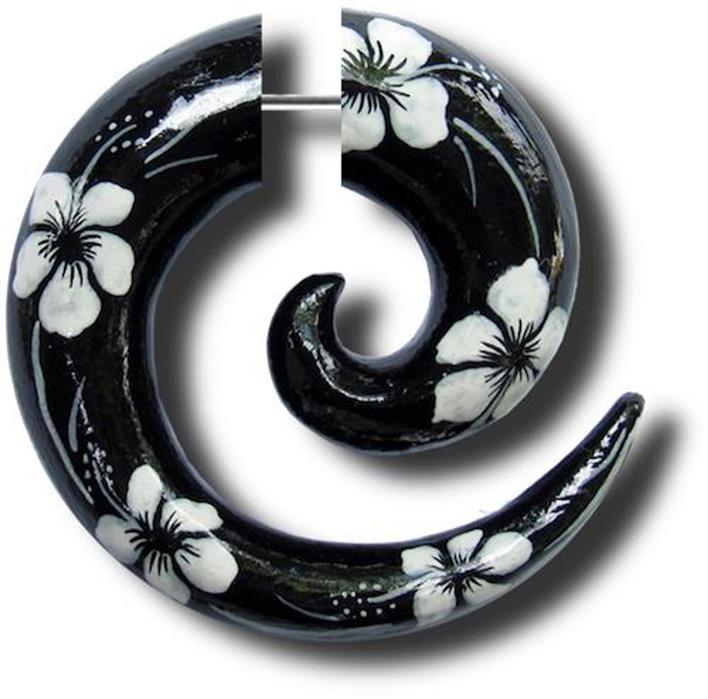 Fake Piercing Spirale schwarz weiß Blumen Hawaii Holz handbemalt Plug Edelstahl Ohrstecker Expander