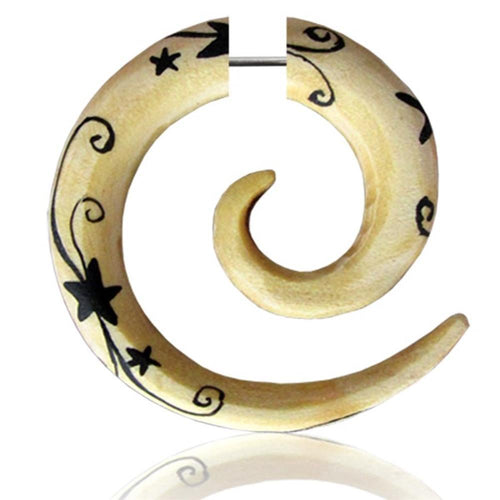 Fake Piercing Stern Muster Spirale Holz Plug Ohrstecker handbemalt hell