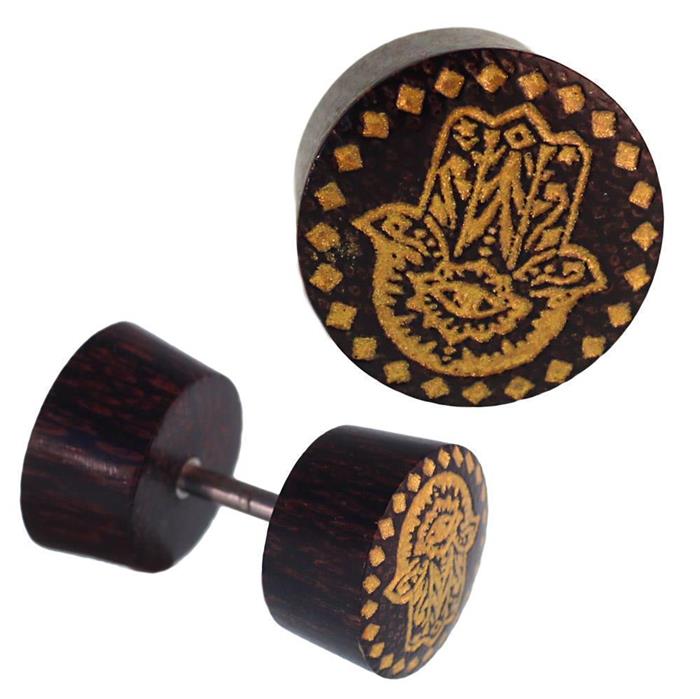 Fake Holz Plug Tamarinde dunkelbraun Maserungen Hand der Fatima Khamsa golden Piercing