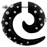 Cargar imagen en el visor de la galería, Tribal Fake Piercing schwarz Spirale viele weiße Kristalle handgeschnitzt Eisenholz Edelstahl 1 mm
