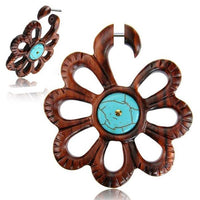 Load image into Gallery viewer, Fake Holz Piercing braun Blume Türkis gemasert Brass golden Steckverschluss
