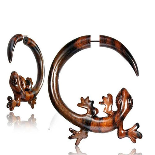 Fake Piercing Narraholz Edelstahl handgeschnitzt Gekko oder Ornament