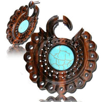 Cargar imagen en el visor de la galería, Fake Holz Piercing Narra Wood Türkis Inlay Rad Edelstahl Ohrstecker Organic Tribal
