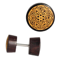 Load image into Gallery viewer, Fake Holzplug dunkel Plug Piercing Edelstahl Holz golden Uhu Om Schmetterling
