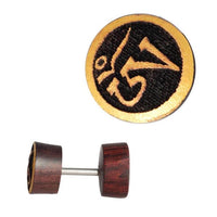 Load image into Gallery viewer, Fake Holzplug dunkel Plug Piercing Edelstahl Holz golden Uhu Om Schmetterling
