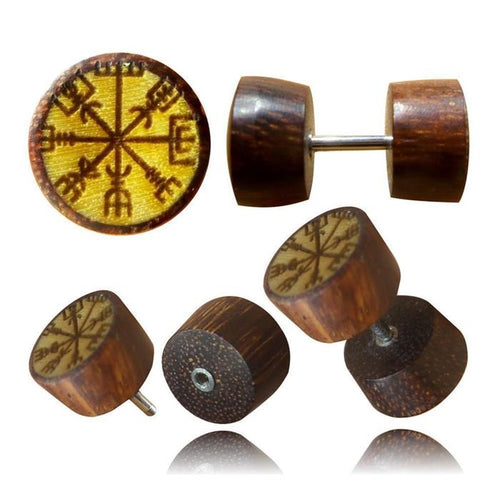 Five views of the Fake Holz Plug Symbol Piercing in Edelstahl, made from tamarind and jackfruit wood with a polished brown finish. It features a Norse Vegvisir compass symbol on the front, perfect for lobe piercing.