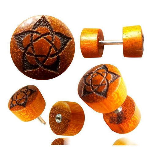Fake Plug Blutholz Symbol Piercing Edelstahl Holz rot braun Om Blume des Lebens